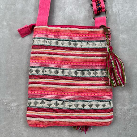 America And Beyond Crossbody Purse Pink Striped Embroidered Tassel Boho Festival - Picture 4 of 12